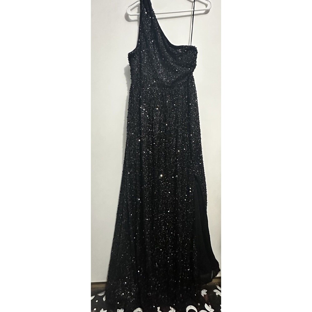 Long Black Full Sequin One Shoulder Dress Evening Gown Formal Slit Zip Back L